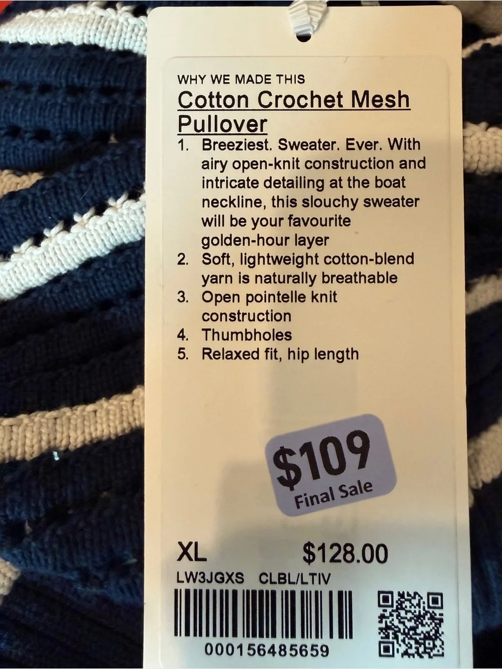 lululemon athletica Navy and White Striped Open-Weave Crew Sweater